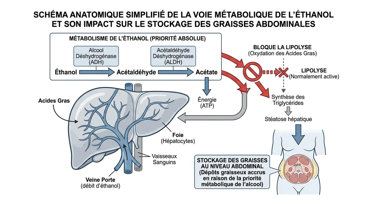 Schéma métabolisme éthanol dans le foie et stockage des graisses