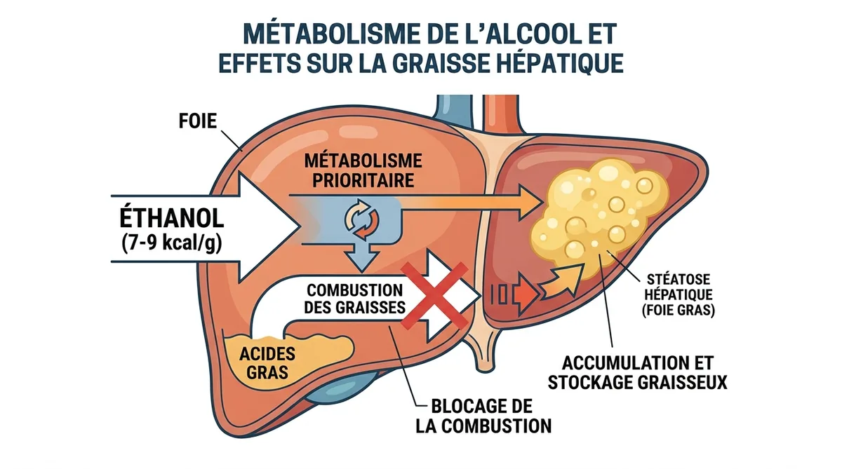 Schéma métabolisme foie alcool et stockage graisses