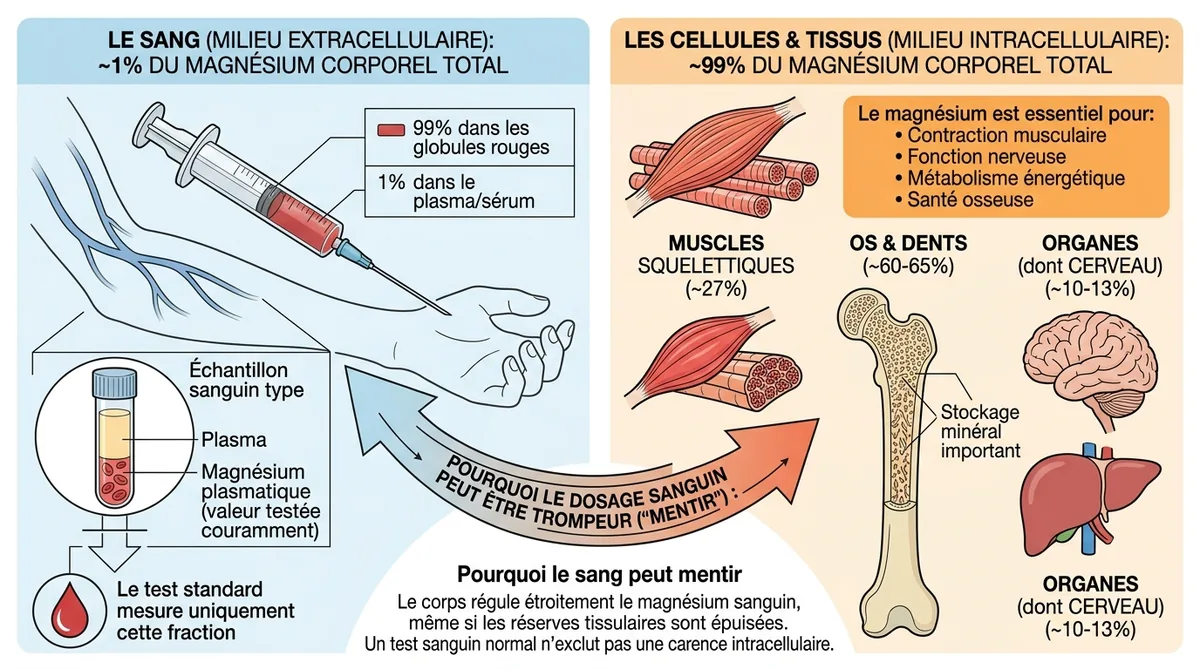 Schéma répartition magnésium sang vs cellules corps humain