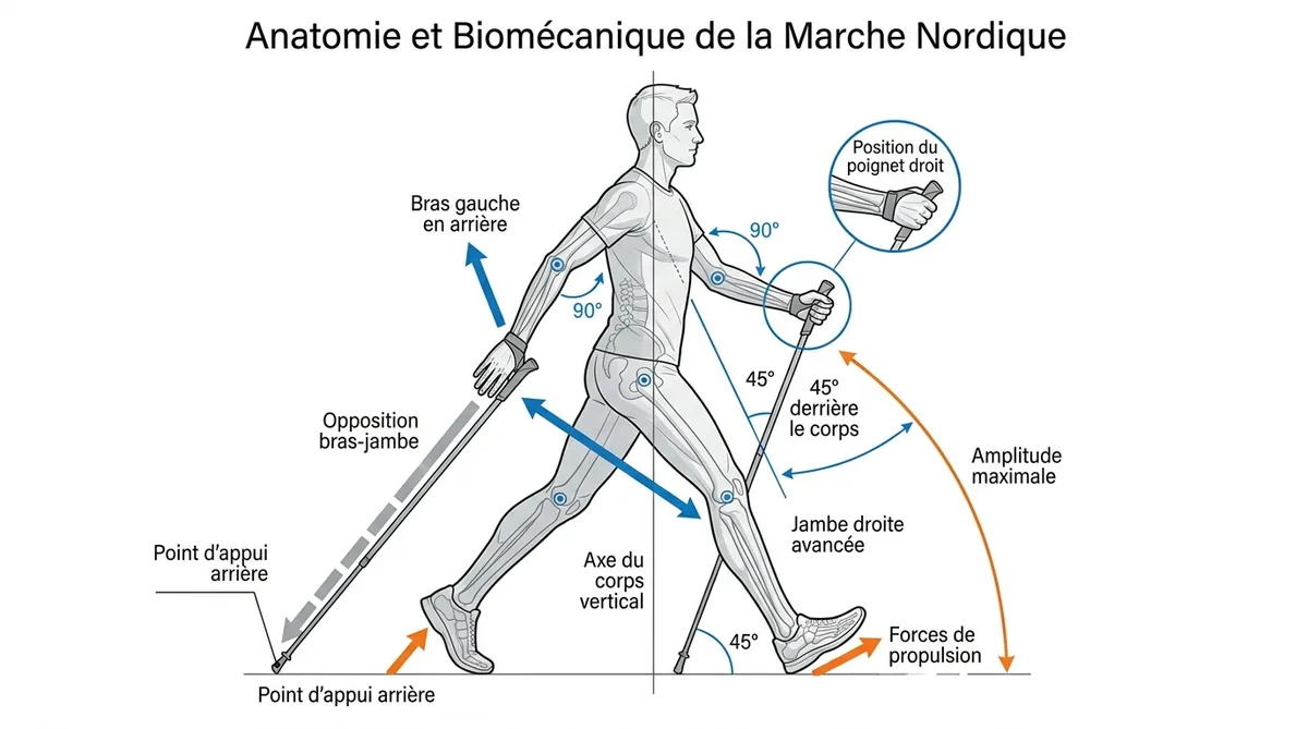 Schéma technique marche nordique opposition bras-jambe et angle 90 degrés