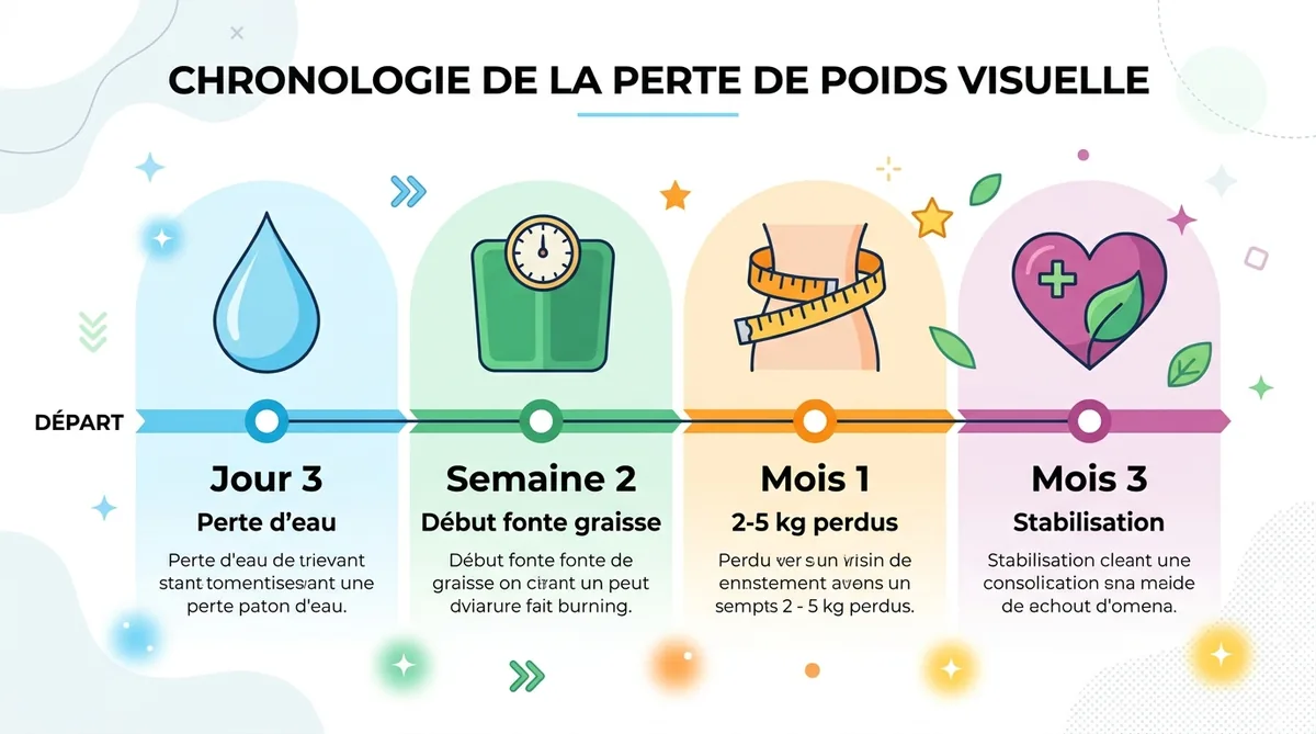 Infographie timeline perte de poids après arrêt alcool 3 jours à 3 mois
