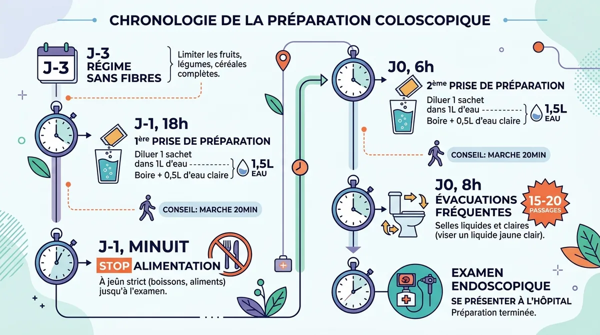 Timeline visuelle préparation coloscopie Picoprep heure par heure protocole