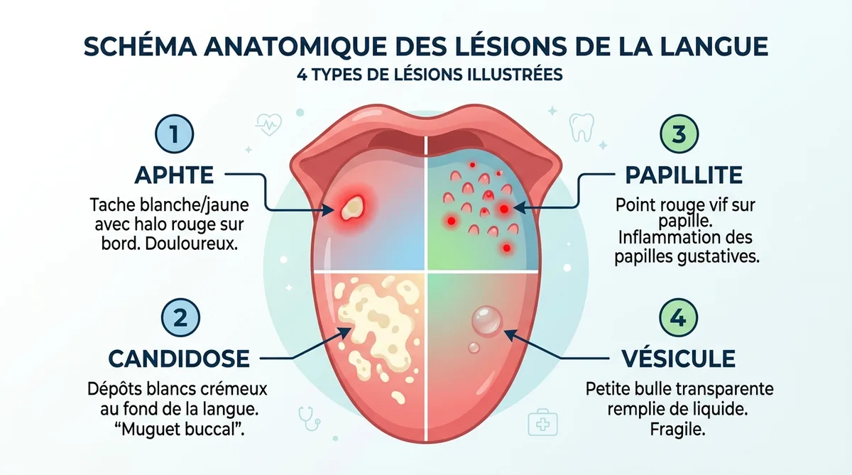 Schéma types boutons langue aphte papillite candidose localisation