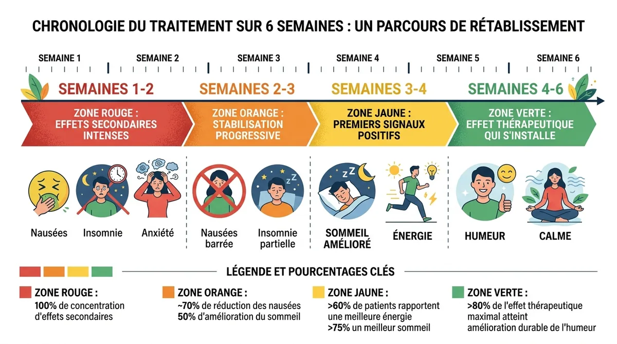 Calendrier visuel des effets secondaires et bénéfices de la sertraline semaine par semaine