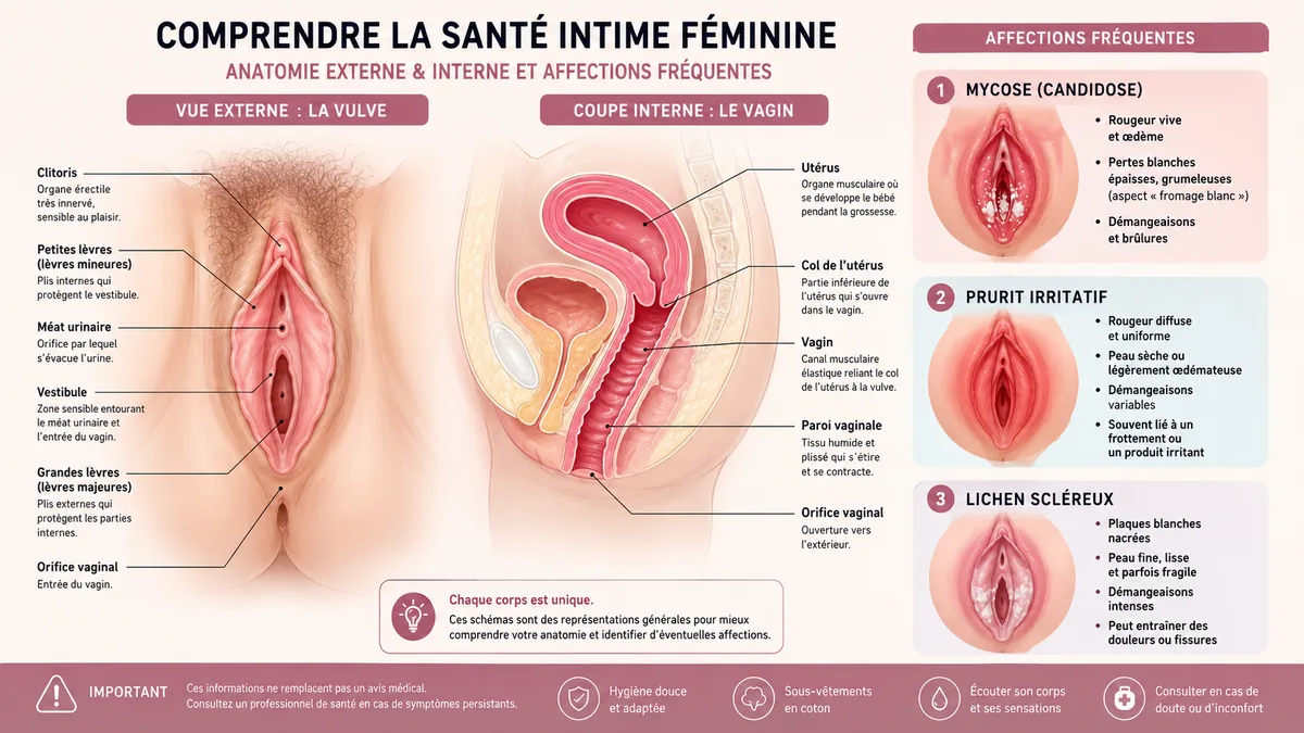 Schéma anatomique vulve et comparaison visuelle mycose prurit lichen