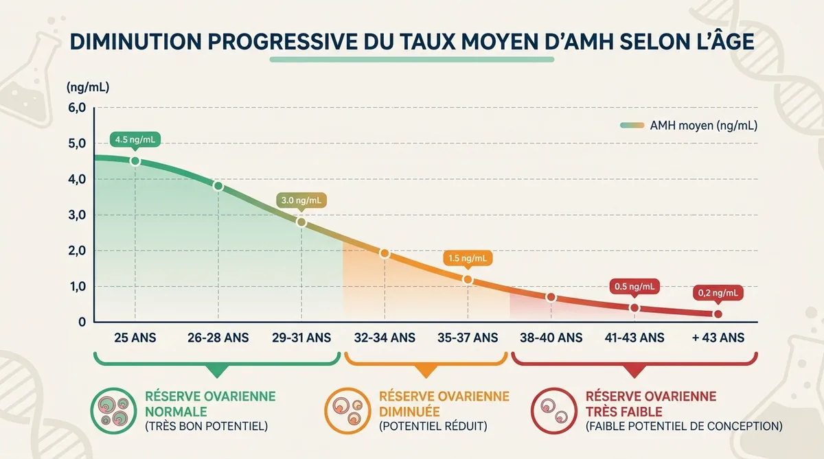 Courbe de baisse du taux d'hormone anti-müllérienne selon l'âge