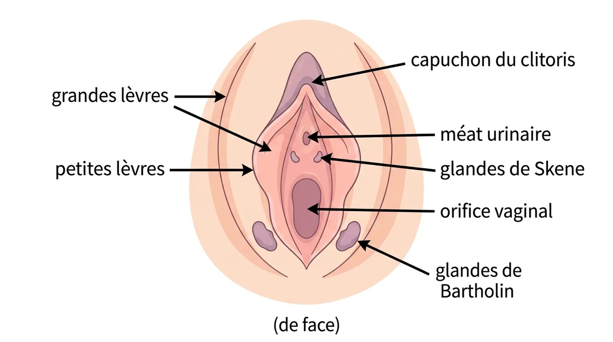Schéma anatomique de la vulve avec glandes de Bartholin annotées
