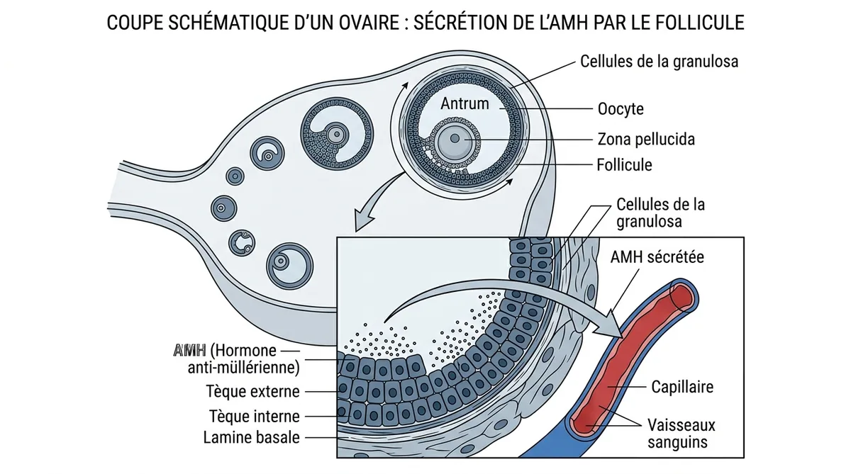 Schéma d'un follicule ovarien sécrétant l'hormone anti-müllérienne