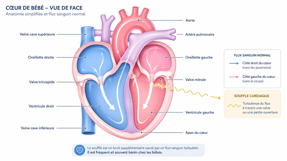 Schéma anatomique cœur bébé avec indication du souffle cardiaque